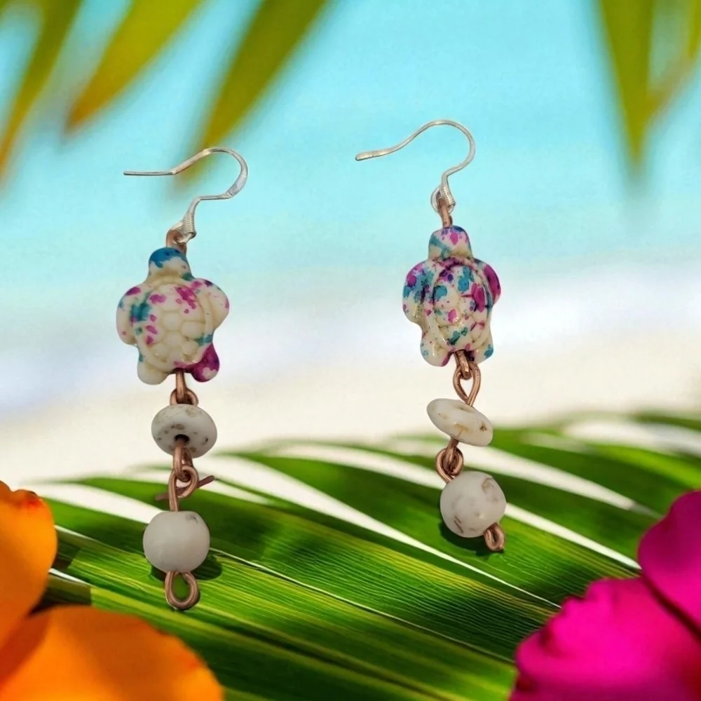 Colorful Pink Blue White Turquoise Turtle Dangle Earrings